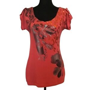 Michael F Women Coral Pink Foil Floral Leopard Print Rhinestone Tunic Top Size M